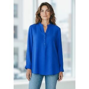 Paradis Forever Large L Long-Sleeve Tunic Blue Button-Up V-Neck Textured Blouse